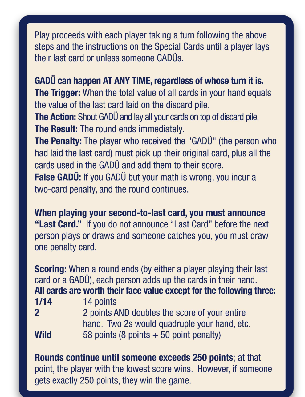 Back of Gadü game rules card